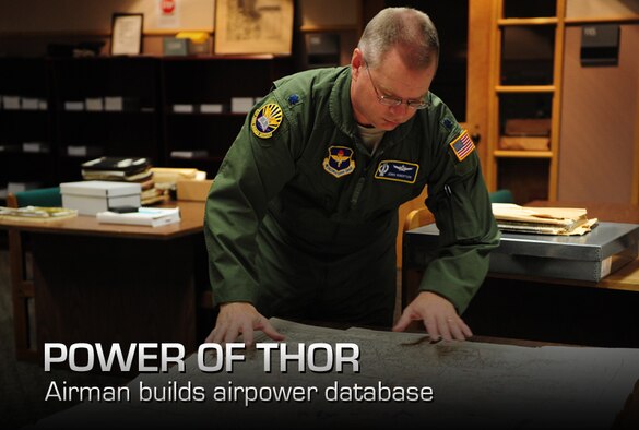 Lt. Col. Jenns Robertson, Air and Space Power Strategist at the Air Force Research Institute, researches information for Theater History of Operations at Maxwell Air Force Base Aug. 17. THOR is database of bombs dropped from American military aircraft from World War One through current times. (U.S. Air Force photo by Master Sgt. Michael Voss)