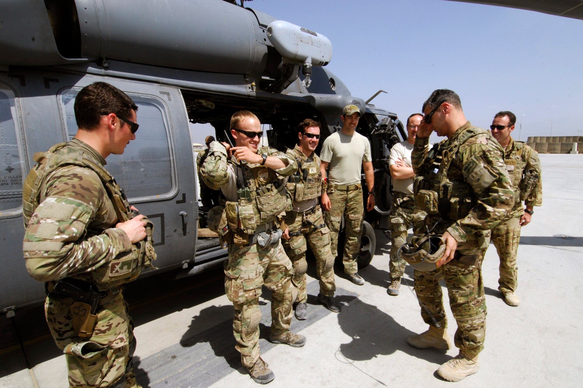 Brig. Gen. Joseph Guastella, 455th Air Expeditionary Wing commander (front right), prepares to board a U.S. Air Force HH-60 Pave Hawk helicopter with pararescue jumpers and combat rescue officers assigned to the 83rd Expeditionary Rescue Squadron at Bagram Airfield, Afghanistan, Aug. 18, 2012. Guastella took part in a nearly two hour training mission with PJs and CROs of the 83 ERQS, also known as the “Pedros,” to see firsthand how they contribute to the war on terrorism here in Afghanistan. Guastella expressed his appreciation for their efforts and for their part in continuing to making the mission a success. (U.S. Air Force photo/SSgt Jeff Nevison)