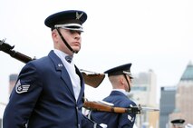 Staff Sgt. Joshua Vanderbeck, U.S. Air Force Honor Guard Drill Team ceremonial guardsman, blindly maneuvers his M-1 rifle during an Air Force Week performance Aug. 19 in New York, N.Y. The Drill Team promotes the Air Force mission by showcasing drill performances at public and military venues to recruit, retain, and inspire Airmen. Vanderbeck joined the Air Force after seeing the Drill Team perform at his high school, and fulfilled his dream of becoming a ceremonial guardsman. (U.S. Air Force photo by Senior Airman Tabitha N. Haynes)