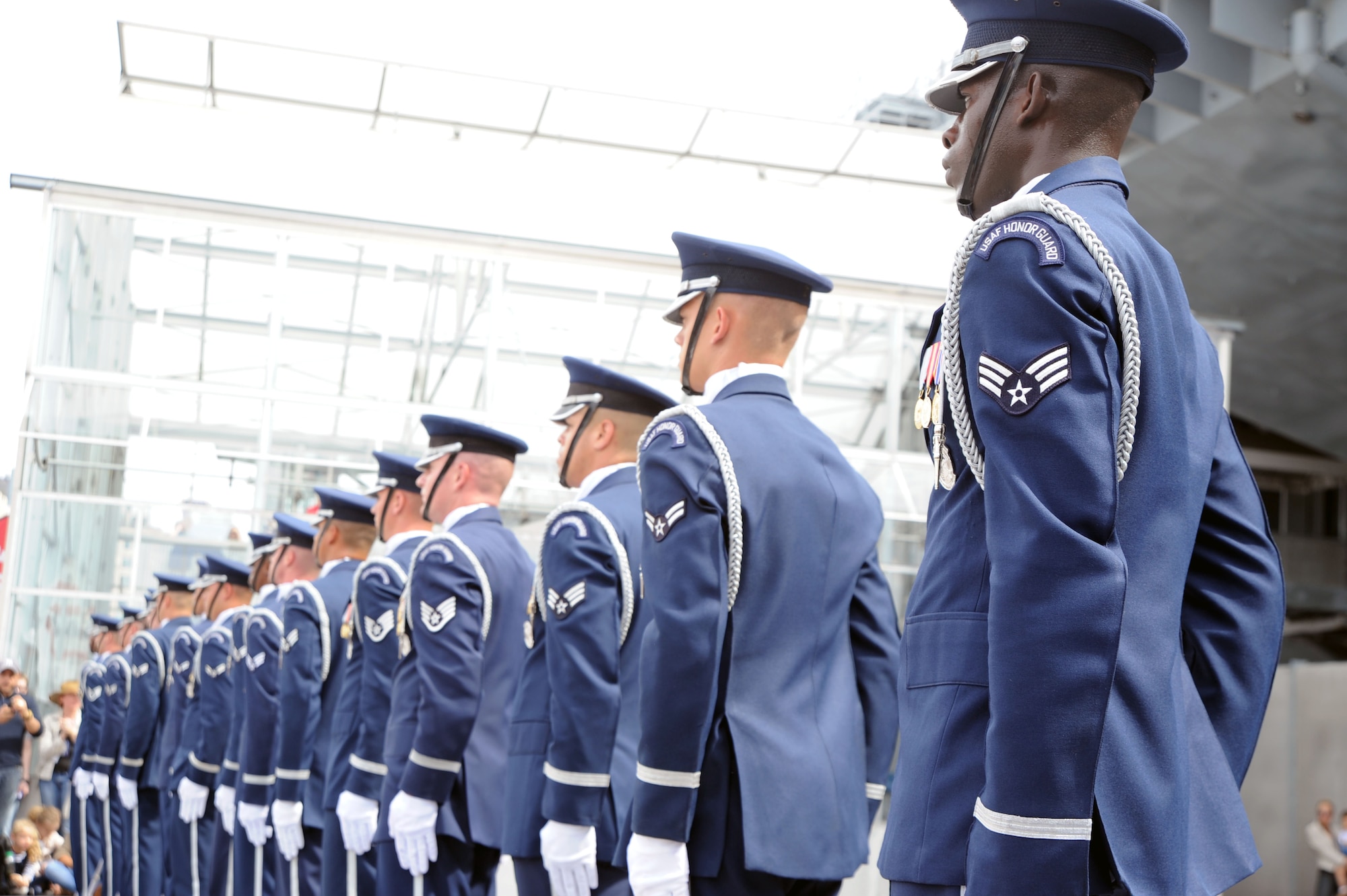 The U.S. Air Force Honor Guard Drill Team stand in line formation Aug. 19 during an Air Force Week performance in New York, N.Y. The Drill Team promotes the Air Force mission by showcasing drill performances at public and military venues to recruit, retain, and inspire Airmen. (U.S. Air Force photo by Senior Airman Tabitha N. Haynes)