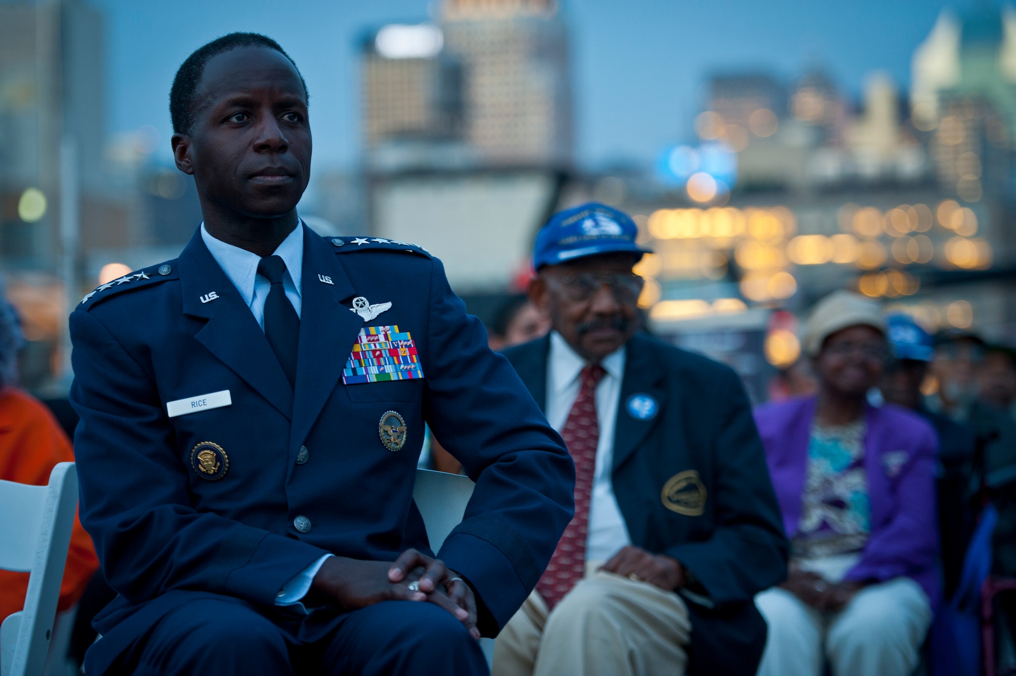 Gen. Edward A. Rice watches the movie, Red Tails, at Pier 86 during 2012 Air Force Week in New York City, on August 20, 2012. The movie represented Tuskegee Airman missions in World War II. More than five Tuskegee Airman were present for the event. Rice is the Air Education and Training Command commander. (U.S. Air Force photo/Senior Airman Andrew Lee)