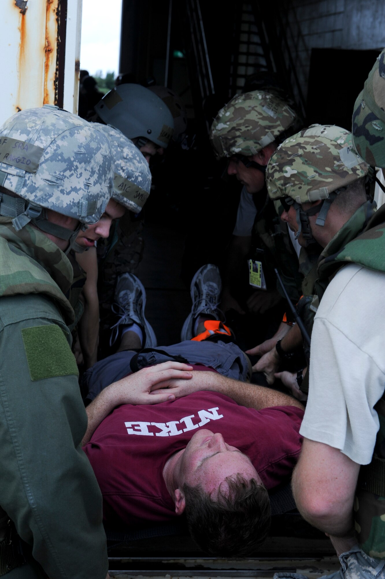 Airmen from the 18th Wing carry a simulated victim on a litter during local operational readiness exercise Beverly High 12-5 on Kadena Air Base, Japan, Aug. 21, 2012. Emergency responders provide training in preparation for potential real world emergency situations. (U.S. Air Force photo/Airman 1st Class Justin Veazie)