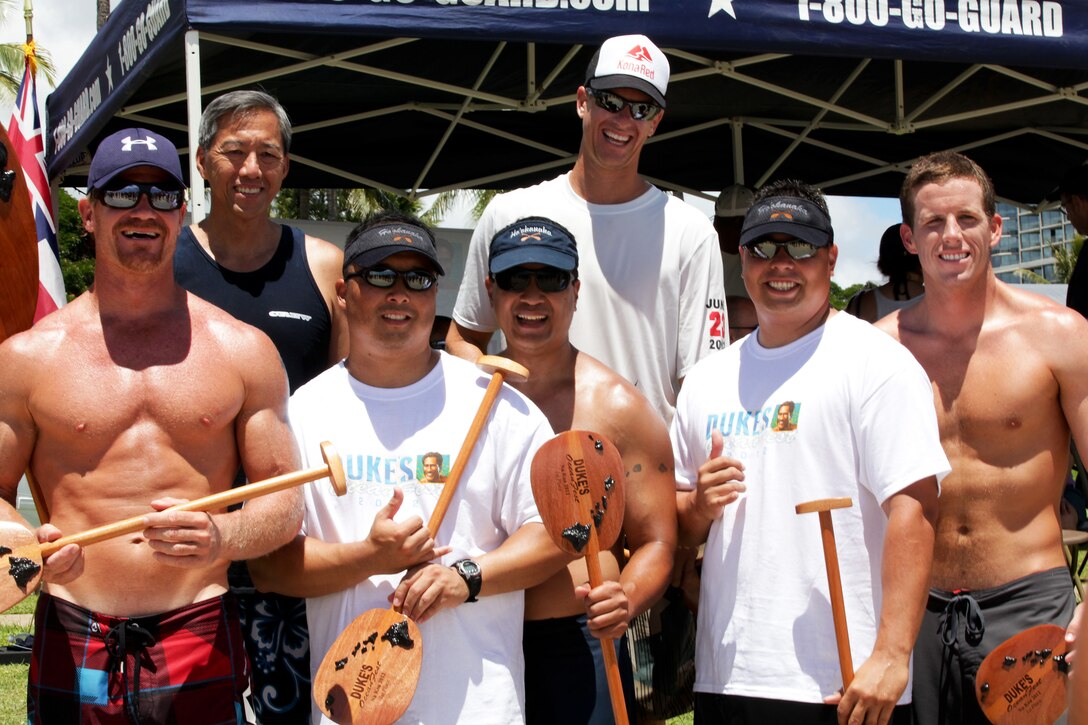 A team from the Hawaii Air National Guard wins Duke’s Ocean Fest Na Koa 2012 Canoe Race, held in the waters off the Hale Koa Hotel here Aug. 18. The races were a competition for bragging rights among service members throughout Oahu who are recovering from injury before returning to full duty or transitioning out of the military.