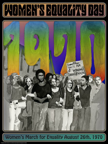The design for the 2012 Women’s Equality Day poster was inspired by concert posters from the 1970s, said the illustrator, Peter Hemmer with the Defense Equal Opportunity Management Institute at Patrick Air Force Base, Fla. “The black and white image of women marching became more dynamic juxtaposed against the psychedelic background colors,” said Hemmer. (U.S. Air Force illustration/ Peter Hemmer)