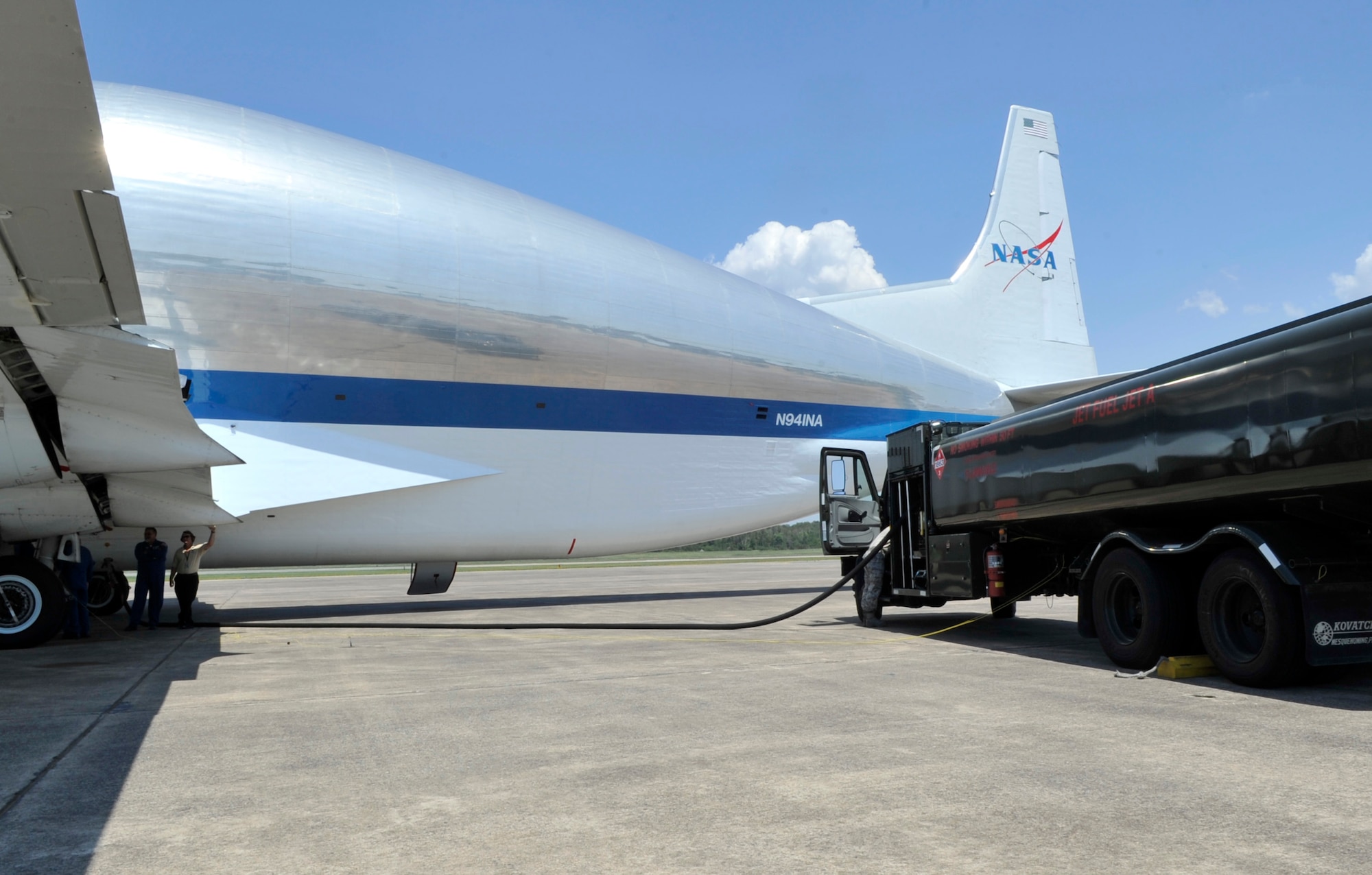 NASA’s Super Guppy aircraft stops for refueling Aug. 22, 2012, at Little Rock Air Force Base, Ark. The Super Guppy is designed with a large cargo compartment allowing the ability to transport cargo such as the first space shuttle Crew Compartment Trainer. (U.S. Air Force photo by Staff Sgt. Caleb Pierce) 