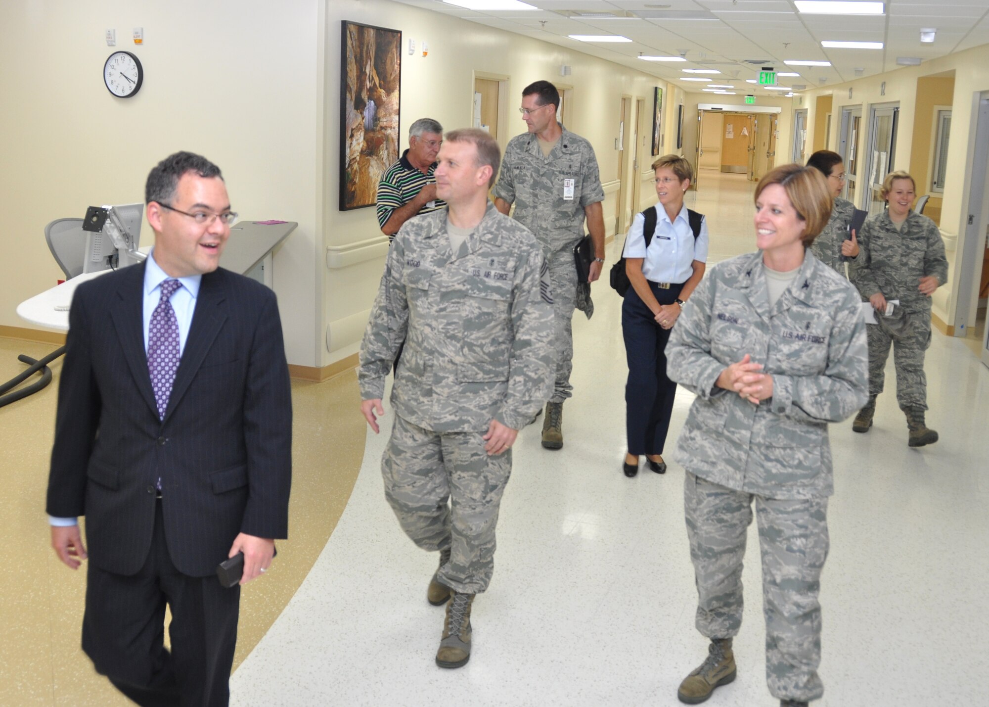 Honorable Daniel B. Ginsberg, Assistant Secretary of the Air Force for Manpower and Reserve Affairs, left, reacts as Chief Master Sgt. Michael Wood, 81st Medical Group superintendent and Col. Catherine Nelson, 81st MDG deputy commander, show him the Intensive Care Unit in the new Keesler Hospital Back Bay Tower during his tour of Keesler Air Force Base, Miss., Aug. 21, 2012. During his two-day tour he also visited various training squadrons and the 403rd Wing.  (U.S. Air Force photo by Steve Pivnick)  
