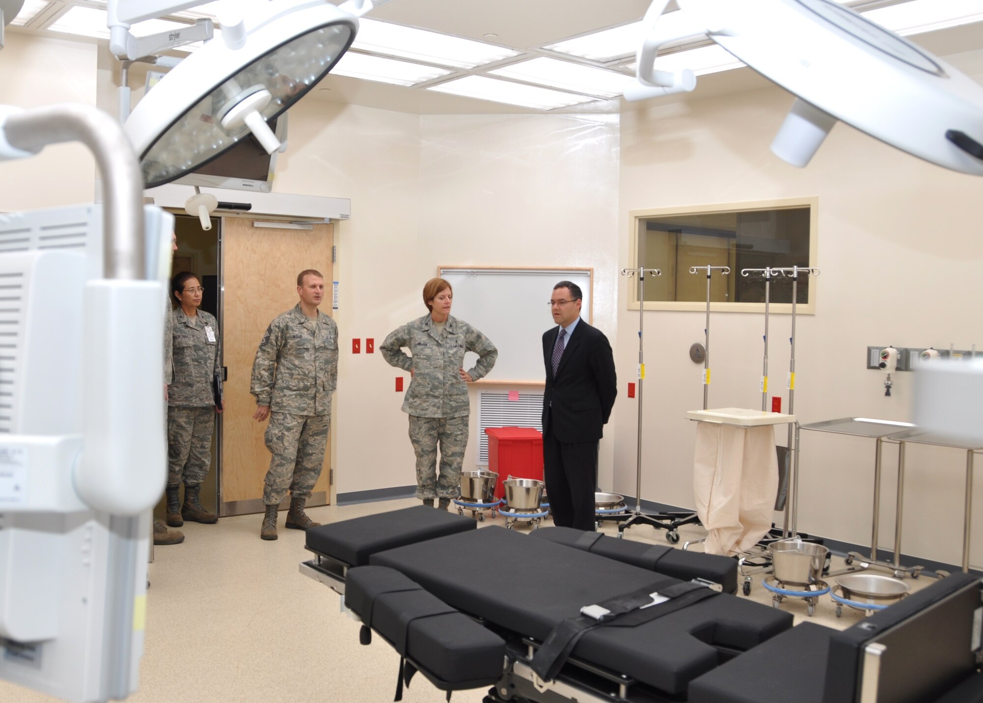 Col. Catherine Nelson, 81st Medical Group deputy commander, second from right, describes a new Keesler Hospital operating room to Honorable Daniel B. Ginsberg, Assistant Secretary of the Air Force for Manpower and Reserve Affairs, right, during his tour of Keesler Air Force Base, Miss., Aug. 21, 2012.  The OR is one of two located in the hospital’s Back Bay Tower addition.  Also providing information are Col. (Dr.) Susan Perez de Tagle, 81st MDG chief of medical staff, left, and Chief Master Sgt. Michael Wood, 81st MDG superintendent.  During his two-day tour he also visited various training squadrons and the 403rd Wing.  (U.S. Air Force photo by Steve Pivnick)