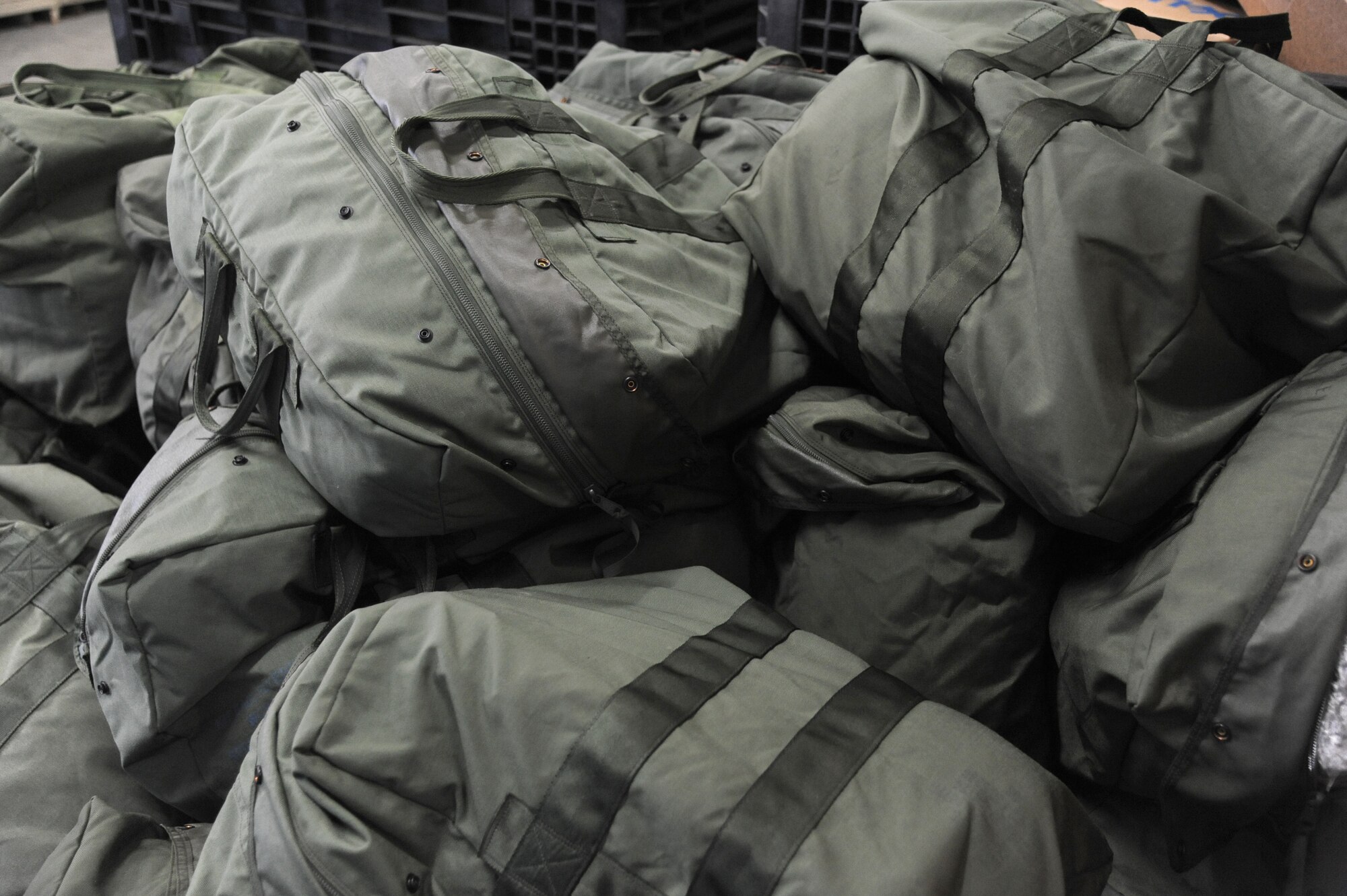 Mobility bags are stacked for processing at the Taylor Logistics Center during a two-day deployment exercise Aug. 21, 2012, at Keesler Air Force Base, Miss.  (U.S. Air Force photo by Kemberly Groue)
