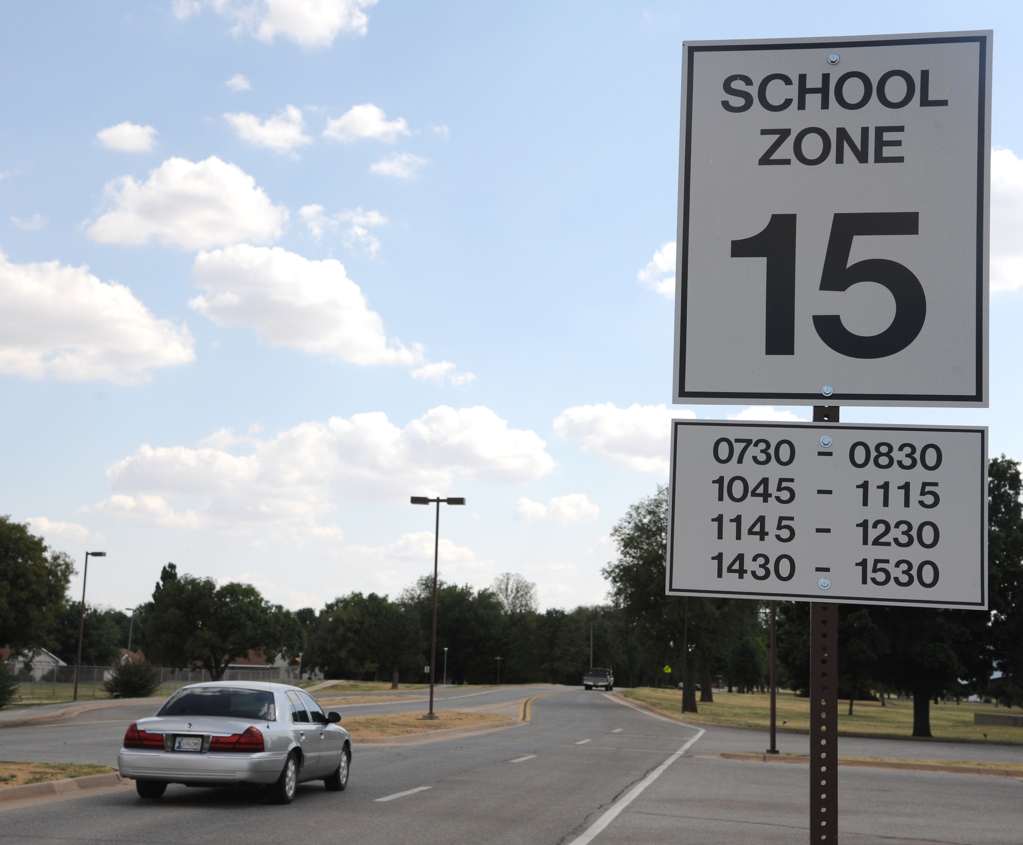 The school-zone speed limits near Eisenhower Elementary School on Vance Air Force Base, Okla., will be strictly enforced during school hours by the 71st Security Forces Squadron. (U.S. Air Force photo/ Airman 1st Class Frank Casciotta)