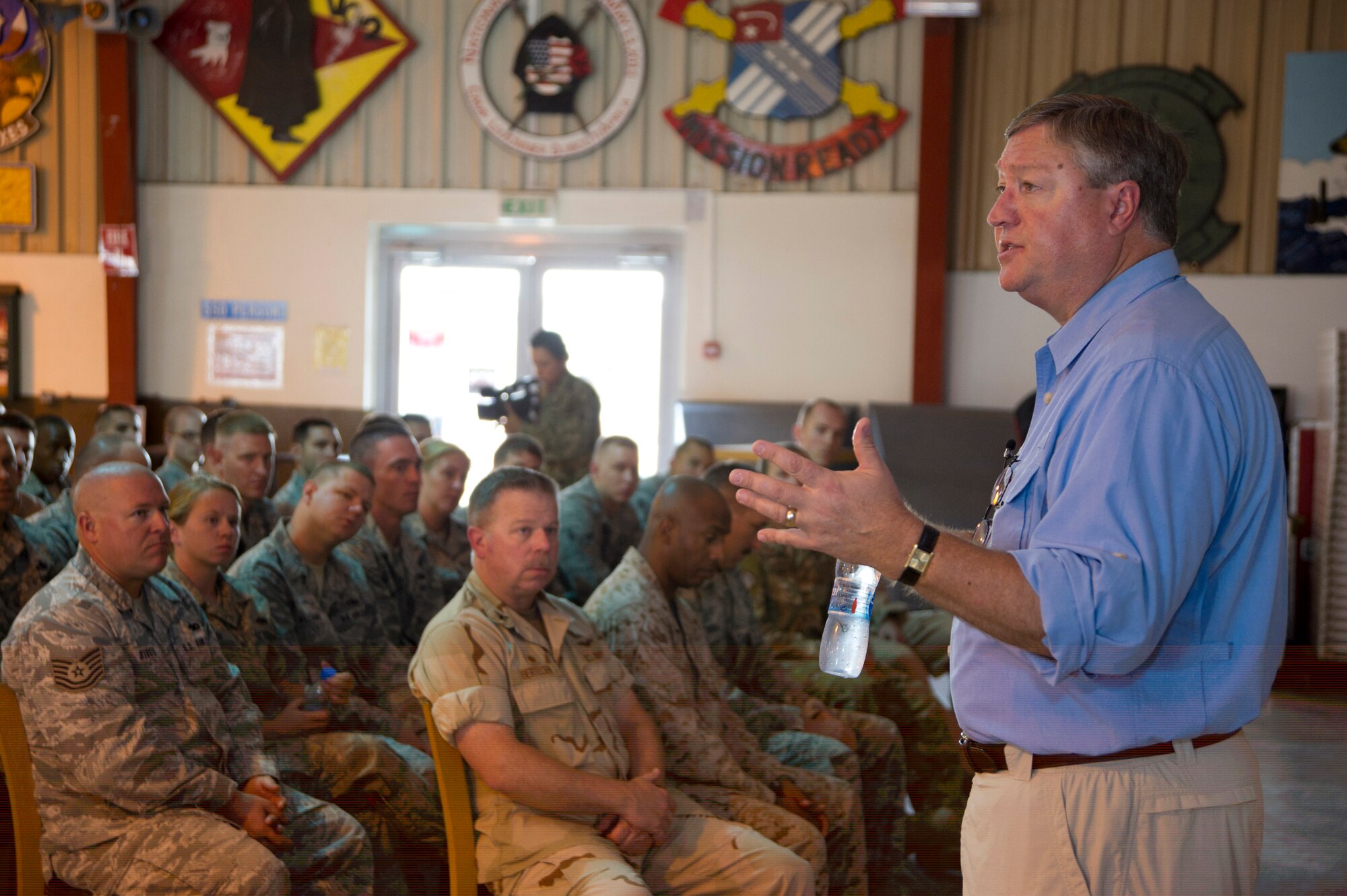 During his visit to Camp Lemonnier, Djibouti, on Aug. 22, 2012, Secretary of the Air Force Michael Donley talks about the important role the Air Force plays in support of the Combined Joint Task Force - Horn of Africa mission.  “Thank you for what you’re doing for the Air Force and our nation,” Donley said. “[To build] partner nation capacity, it takes every Airman doing his or her job.”  (U.S. Air Force photo/Staff Sgt. Christopher Ruano)