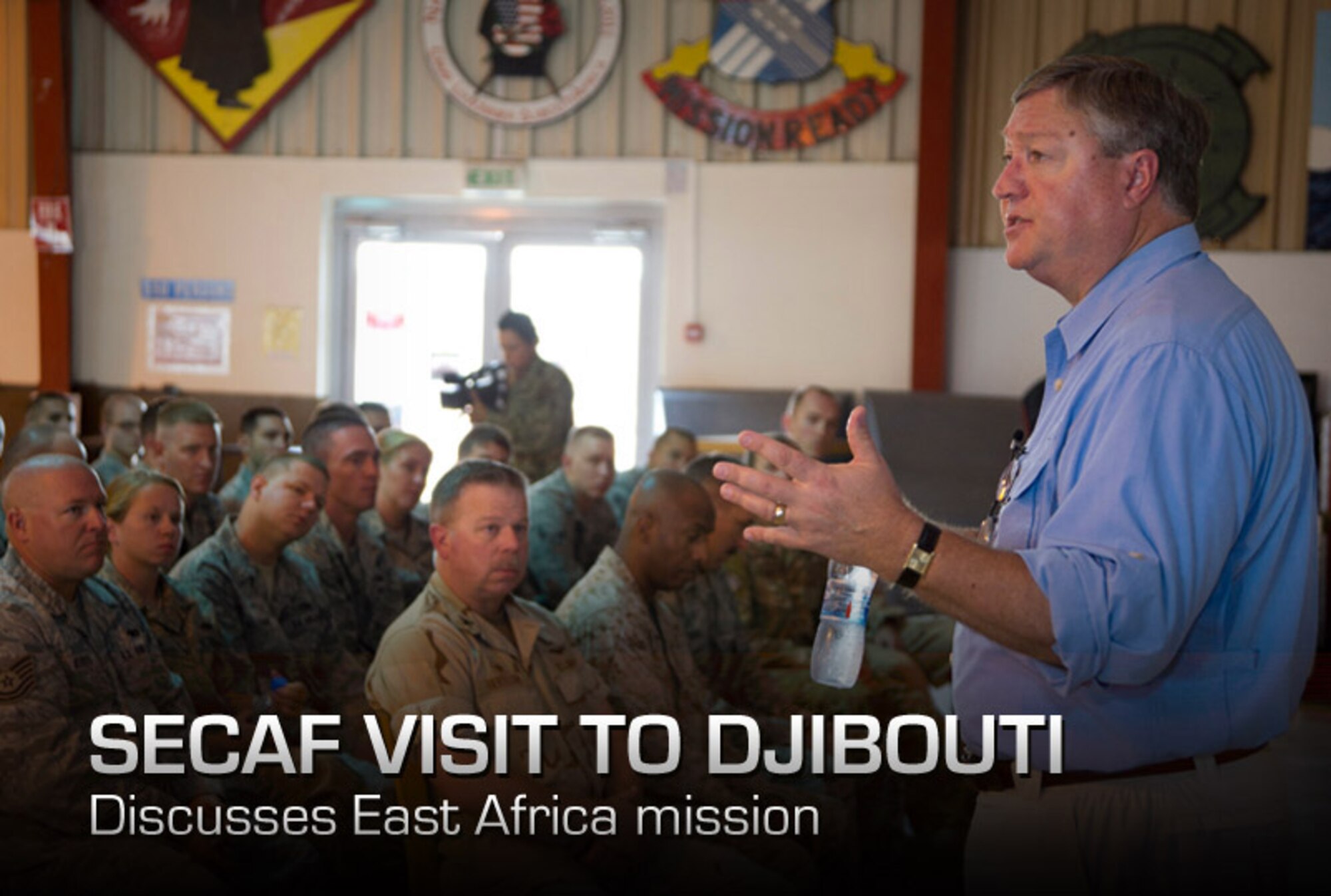 During his visit to Camp Lemonnier, Djibouti, on Aug. 22, 2012, Secretary of the Air Force Michael Donley talks about the important role the Air Force plays in support of the Combined Joint Task Force - Horn of Africa mission.  “Thank you for what you’re doing for the Air Force and our nation,” Donley said. “[To build] partner nation capacity, it takes every Airman doing his or her job.”  (U.S. Air Force photo/Staff Sgt. Christopher Ruano)