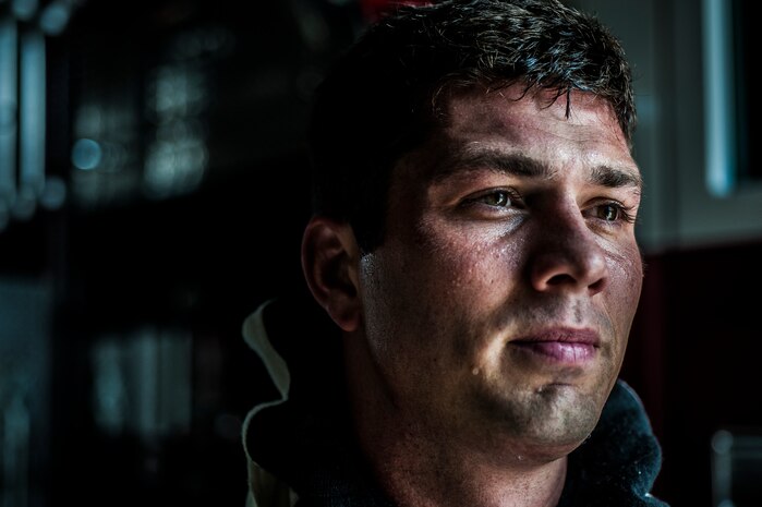 Staff Sgt. Anthony Ankeny, 628th Civil Engineer Squadron firefighter, is covered in sweat after a drill Aug. 9, 2012, at Joint Base Charleston – Air Base, S.C. (U.S. Air Force photo/Senior Airman Dennis Sloan)