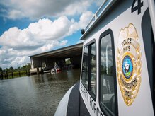 The 628th Security Forces Squadron Harbor Patrol Unit patrols and protects the waterways around Joint Base Charleston – Weapons Station 24 hours a day, seven days a week. The boat officers are Air Force, Navy and civilian personnel. (U.S. Air Force photo/Airman 1st Class Ashlee Galloway) 


