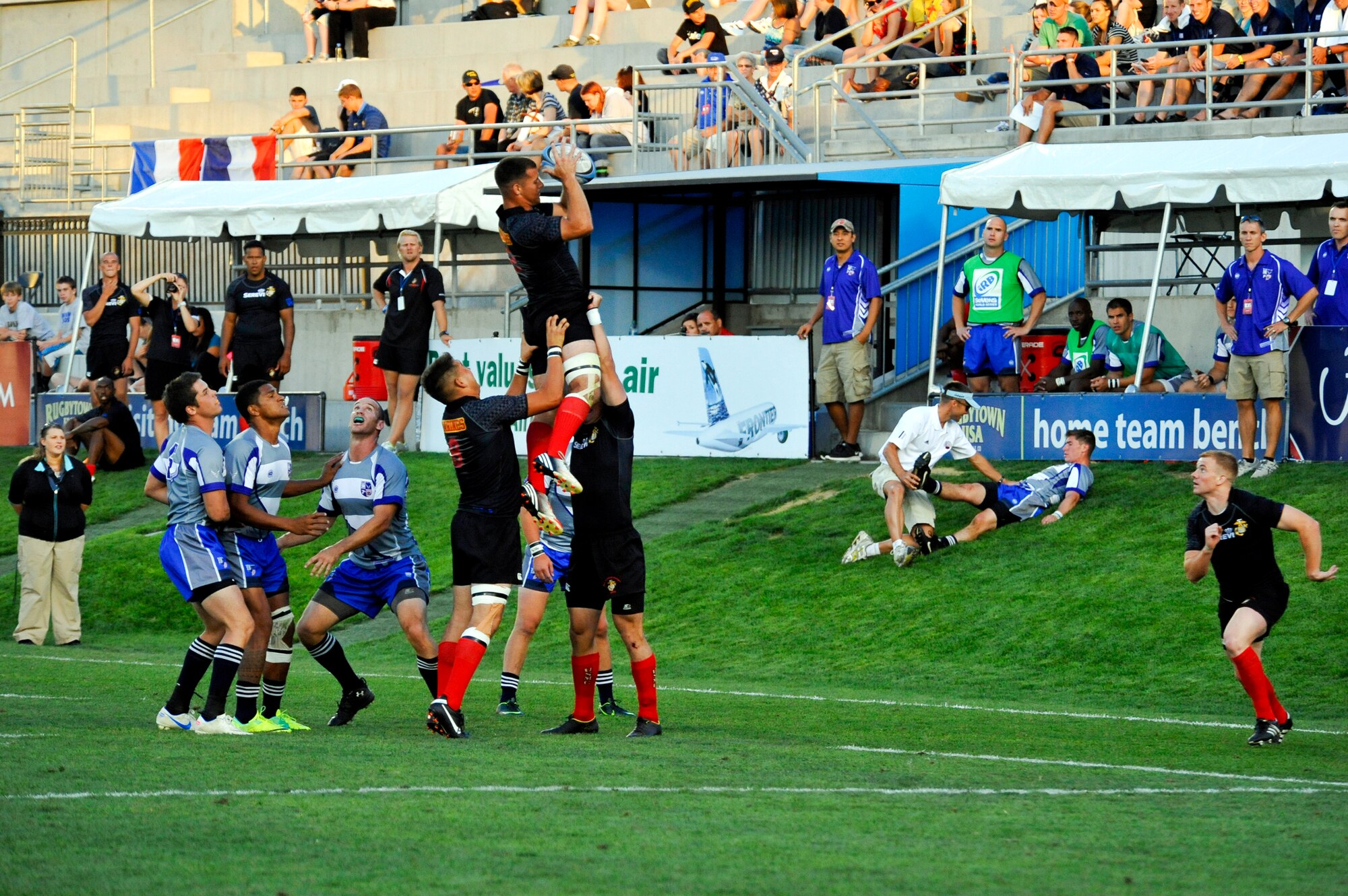 GLENDALE, Colo. --  The Marine rugby team maintains possession of the ball during their first match against the Air Force rugby team Aug. 18. The Marines went to win the Armed Forces Rugby Championship match against the Air Force 33-31.  (U.S. Air Force photo by Staff Sgt. Kathrine McDowell)