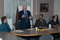 HANSCOM AIR FORCE BASE, Mass. -- Rich Lombardi, whose most recent position at Hanscom AFB, Mass., was program executive officer for C3I and Networks, speaks to members of the Junior Force Council during a presentation in April 2011 when he was executive director of the Electronic Systems Center. Lombardi is heading to the Pentagon to become deputy assistant secretary of the Air Force for acquisition integration and recently talked about changes, challenges and opportunities during his time at Hanscom. (U.S. Air Force photo by Rick Berry)