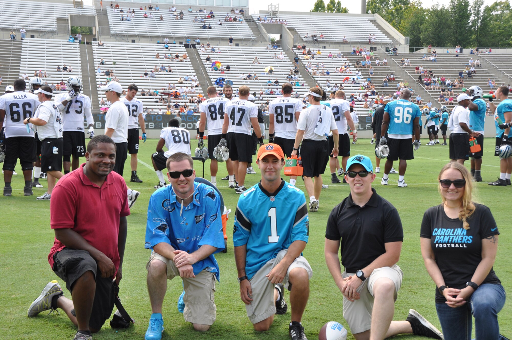 Airmen from the 916th Air Refueling Wing, 4th Fighter Wing and 414th Fighter Group participated in the 2012 Carolina Panthers Training Camp Military VIP Experience on Aug. 10, 2012. Airmen watched practice from the sidelines, got autographs and had dinner in the team dining room at Wofford College, S.C. (USAF photo by Maj. Shannon Mann, 916ARW/PA)