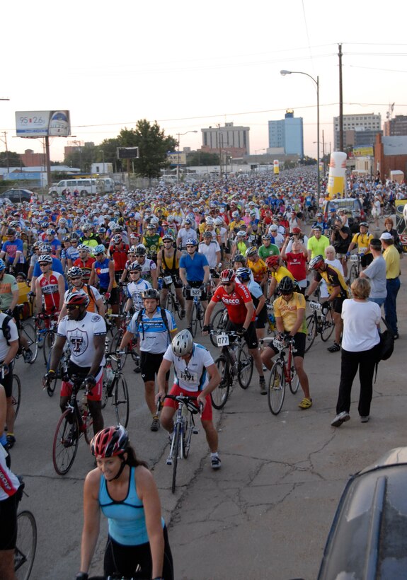Riders from the Hotter'N Hell Hundred gather at the start of the race in downtown Wichita Falls. This year is the 31st annual Hotter 'N Hell Hundred. (U.S. Air Force/Courtesy Photo)
