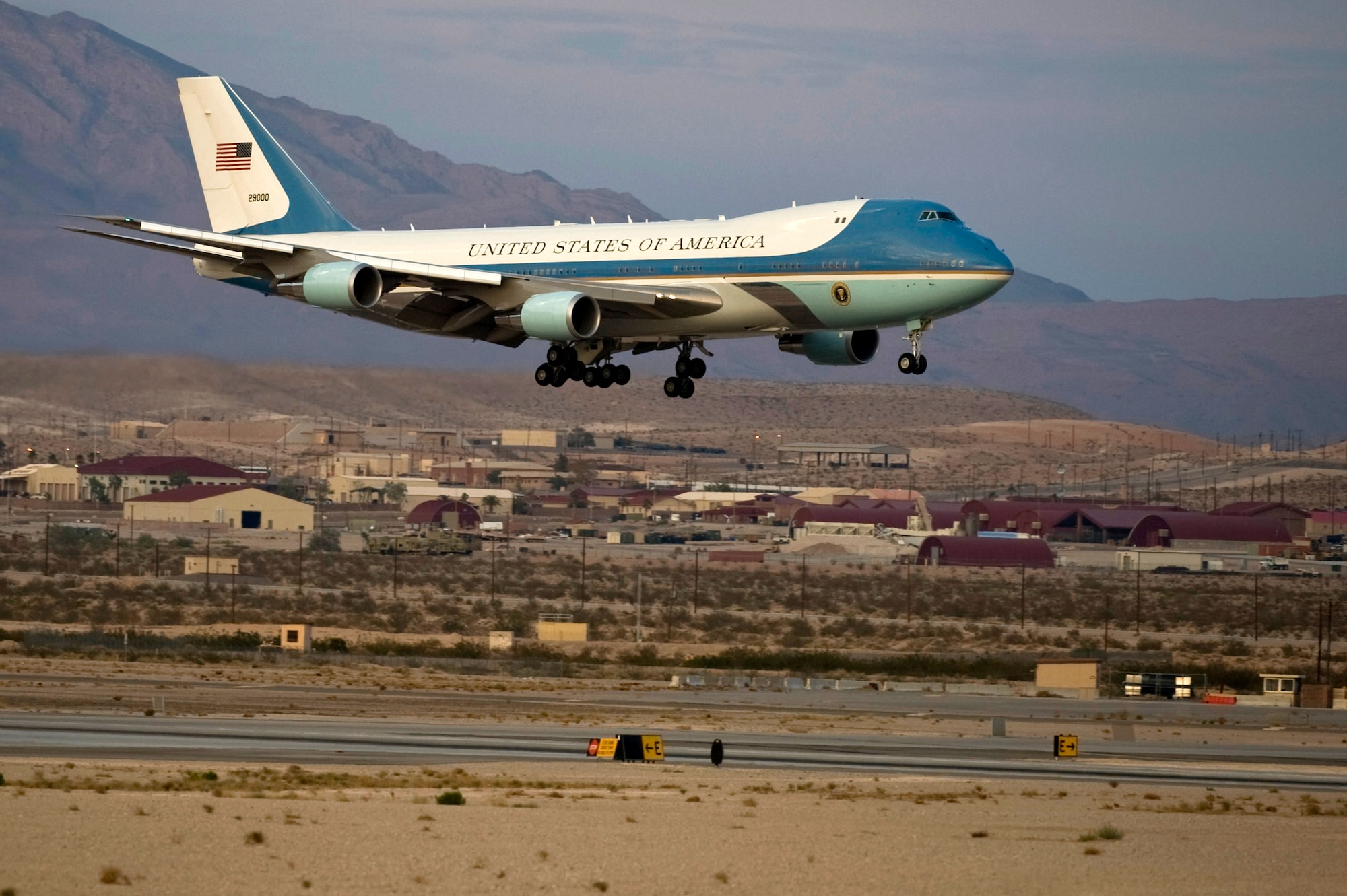 Air Force One lands Aug. 21, 2012, at Nellis Air Force Base, Nev. The VC-25A, Air Force One, is a modified version of the Boeing 747 that transports the president of the United States. (U.S. Air Force photo by Airman 1st Class Daniel Hughes)