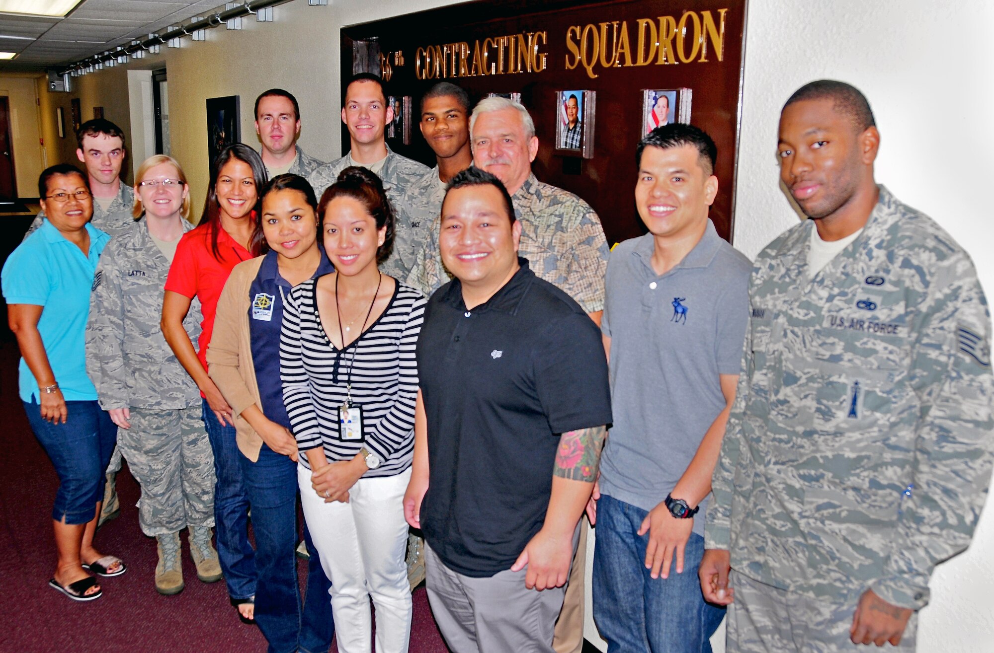 The 36th Contracting Squadron commercial acquisition flight is currently made up of 20 people, both Airmen and civilian personnel. Because of deployments, permanent change of stations and further education, the flight usually has between 15-20 people working in their office. (U.S. Air Force photo by Airman 1st Class Marianique Santos/Released)