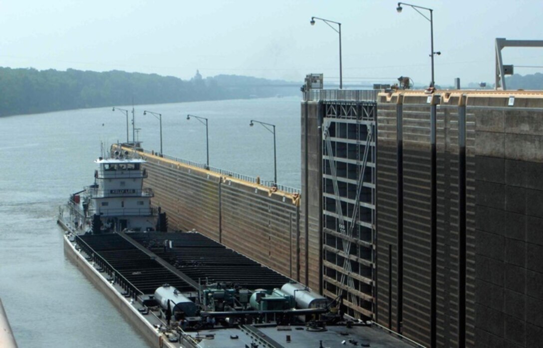 Tanker barges enter the Dardenelle Lock and Dam near Russellville, Arkansas
