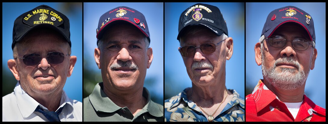 Nearly half a century has passed since the Marines of 2nd Battalion, 3rd Marine Regiment fought through hell in Vietnam. The strains of combat have long imprisoned the vigor of their youth. Bodies have changed and reflexes slowed. Fresh, young faces of earlier days are ripe with weathered character. The men have lived a lifetime beyond war, but their memories remain vivid. On Aug. 22, 2012, approximately 30 Vietnam-era 2/3 Marines and their families visited Marine Corps Base Hawaii to reminisce on their service and render honor to a brother lost in combat, Sgt. Maj. Wayne Hayes. Pictured from left are: retired Gunnery Sgt. Ken Arnold, a platoon sergeant with Golf Company, 2/3, and Cuthbert, Ga., native; former Cpl. John Davila, a team leader with Fox Co., 2/3, and Ridgewood, N.J., native; former Staff Sgt. Don Watts, a platoon sergeant with Fox Co., 2/3, and Cloverdale, Calif., native; and Sgt. Bill Vizzerra, a rifleman with Golf Co., 2/3, and Palmer, Ak., native. Both Davila and Vizzerra were wounded in action.