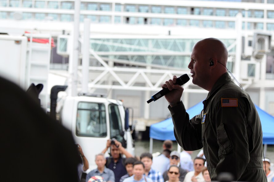 Master Sgt. Ryan Carson, vocalist with the U.S. Air Force Band’s Max Impact ensemble, performs Aug. 19 on Pier 86, New York, N.Y. during Air Force Week. The ensemble performs high-impact rock music as they showcase the Air Force to the public. (U.S. Air Force photo by Senior Airman Tabitha N. Haynes)