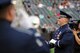 1st Lt. Peter Folliard, U.S. Air Force Band conductor, leads The Ceremonial Brass, Aug. 20 on Citi Field, Queens, N.Y. for the opening ceremony of the New York Mets game. The Ceremonial Brass ensemble opened for the New York Mets during Air Force Week. (U.S. Air Force photo by Senior Airman Tabitha N. Haynes)