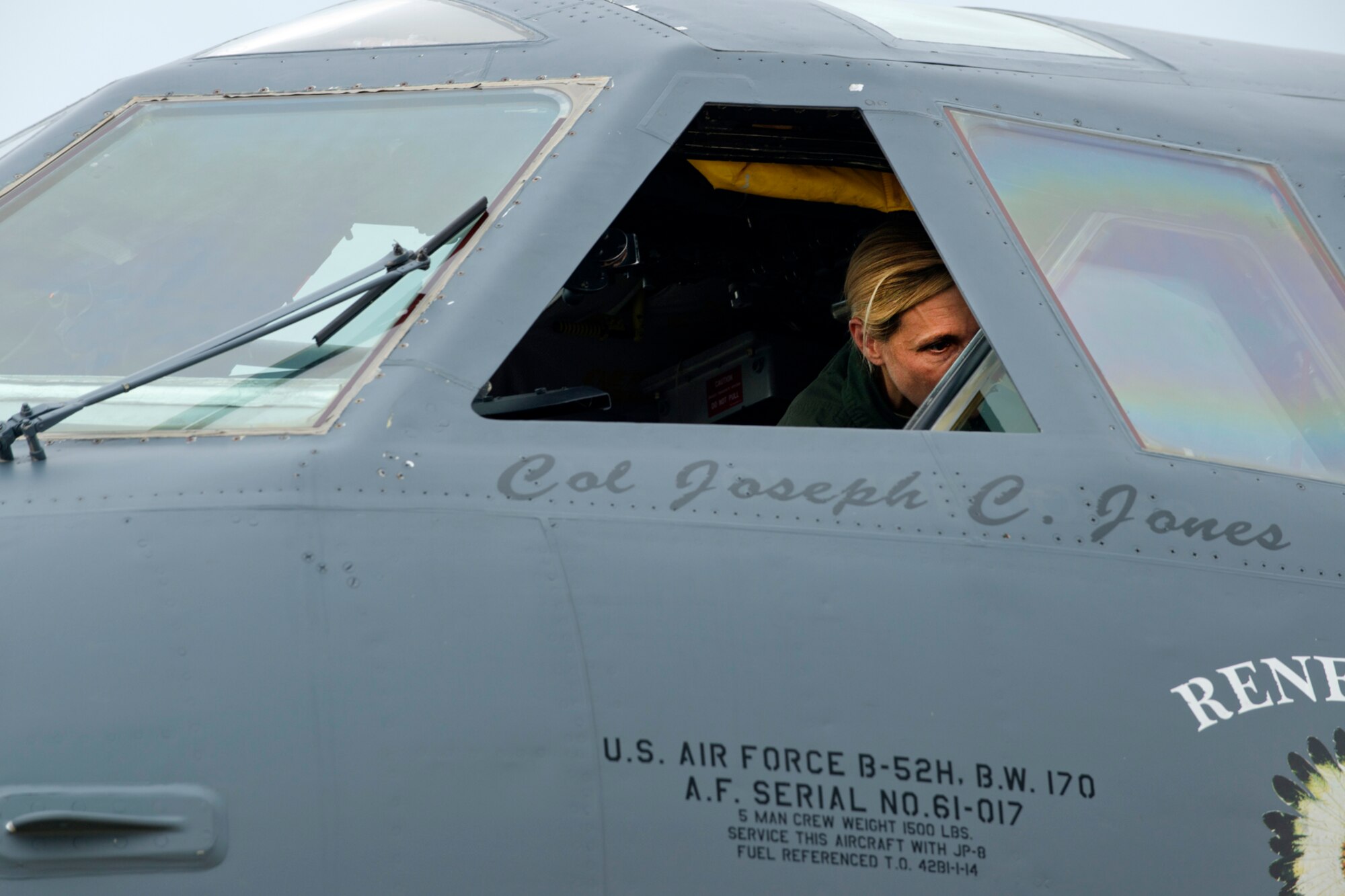 U.S. Air Force Capt. Andrea McElvaine, a 93rd Bomb Squadron aircraft commander, readies her B-52H Stratofortress for a bombing mission on Aug. 21, 2012. McElvaine, and the rest of her aircrew, are practicing for the upcoming Global Strike Challenge bombing competition which will put their skills to the test against other bomber units across the U.S. (U.S. Air Force photo by Master Sgt. Greg Steele/Released)