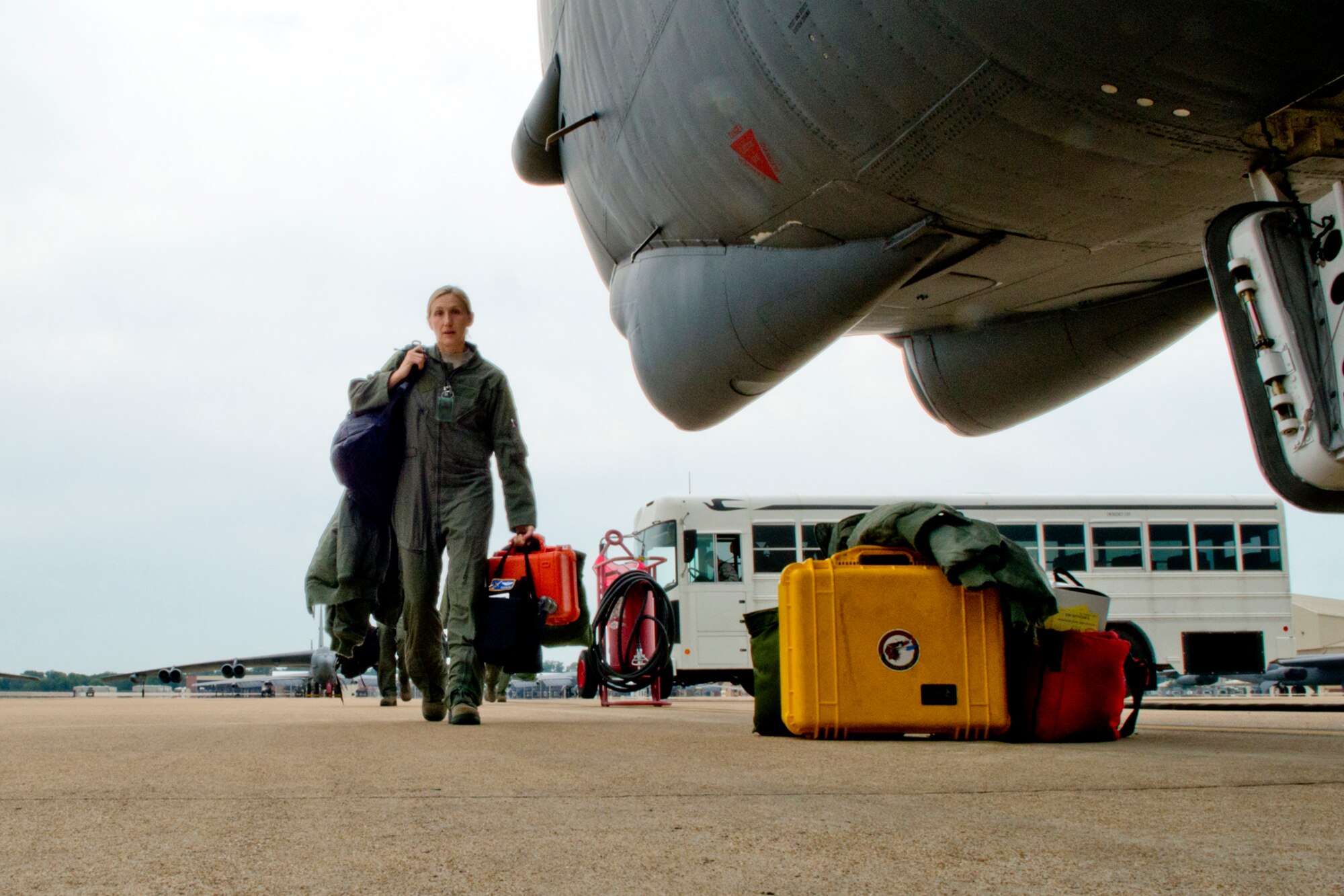 U.S. Air Force Capt. Andrea McElvaine, 93rd Bomb Squadron aircraft commander, and her crew step to their waiting B-52 Stratofortress prior to a sortie on Aug. 21, 2012, Barksdale Air Force Base, La. The crew is practicing for the upcoming Global Strike Challenge, which is the world's premiere bomber, intercontinental ballistic missile and security forces competition with units participating from Air Force Global Strike Command, Air Combat Command, Air Force Material Command, Air Force Reserve Command and the Air National Guard. (U.S. Air Force photo by Master Sgt. Greg Steele/Released)