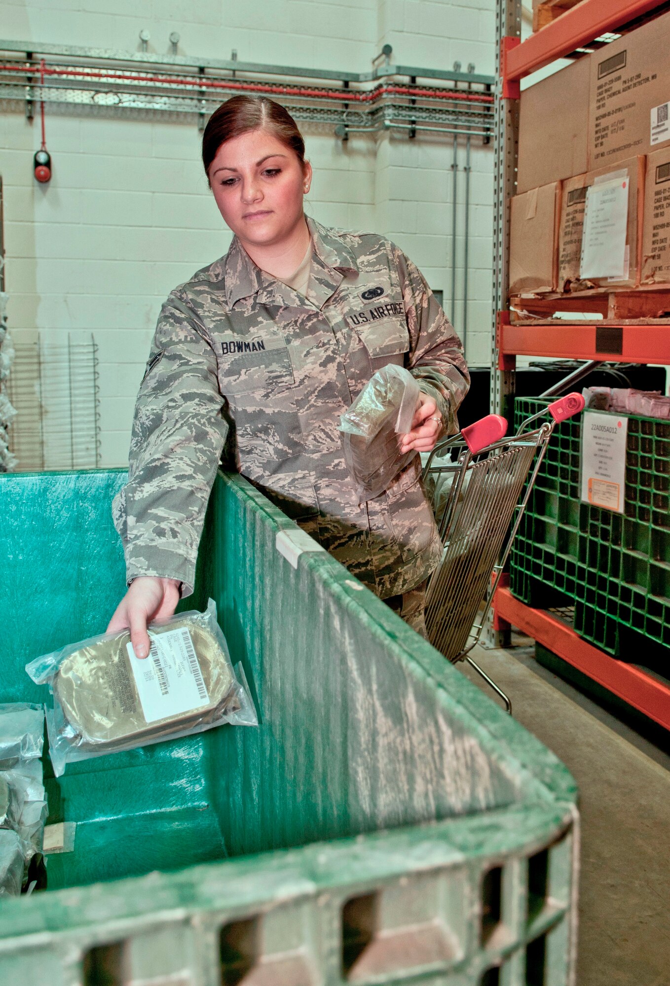 ROYAL AIR FORCE LAKENHEATH, England – Airman 1st Class Krystal Bowman, 48th Logistics Readiness Squadron warehouse apprentice, fills a bin with M-61 filters at the mobility warehouse, Aug. 22, 2012.  Bowman was nominated for a Liberty Spotlight, because she displays the core value of “Service before Self.” (U.S. Air Force photo by Senior Airman Connor Estes)