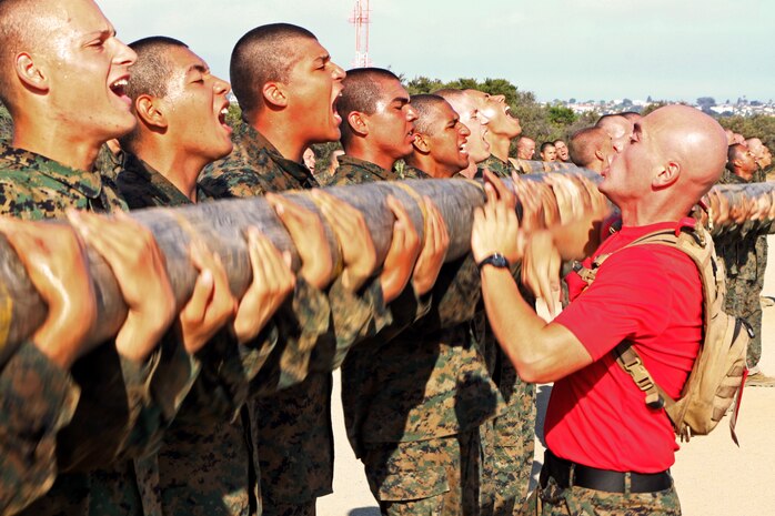 Sgt. Christopher G. Woidt, drill instructor, Platoon 1001, Company A, 1st Recruit Training Battalion, directs recruits' movement as they execute log curls during recruit training aboard Marine Corps Recruit Depot San Diego Aug. 14. Log curls was one of several exercises recruits performed during their log drills which allowed the recruits to build teamwork.