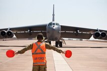 After completing its long journey from Andersen Air Force, Guam, a United States Air Force B-52 taxis after touching down at RAAF Base Darwin.  The Royal Australian Air Force is pleased to welcome a United States Air Force (USAF) B-52 and KC-135 from Andersen Air Force Base, Guam, to RAAF Base Darwin.  The USAF crew will conduct routine training in RAAF Base Darwin.  On departure from Darwin the B-52 will fly via Delamere Air Weapons Range to simulate ordnance drops with RAAF and practice aerial refueling operations.  This demonstrates Australia's commitment to increased cooperation with the United States.  Both nations share an intent for increased U.S. Air Force training with the RAAF, however decisions on future rotations including timings are still under discussion.  This is the first time a B-52 has landed at RAAF Darwin and since the United States and Australia announced enhanced aircraft cooperation as one of the two force postures initiatives, in November 2011.  (Courtesy photo)