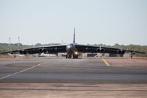After completing its long journey from Andersen Air Force, Guam, a United States Air Force B-52 taxis after touching down at RAAF Base Darwin.  The Royal Australian Air Force is pleased to welcome a United States Air Force (USAF) B-52 and KC-135 from Andersen Air Force Base, Guam, to RAAF Base Darwin.  The USAF crew will conduct routine training in RAAF Base Darwin.  On departure from Darwin the B-52 will fly via Delamere Air Weapons Range to simulate ordnance drops with RAAF and practice aerial refueling operations.  This demonstrates Australia's commitment to increased cooperation with the United States.  Both nations share an intent for increased U.S. Air Force training with the RAAF, however decisions on future rotations including timings are still under discussion.  This is the first time a B-52 has landed at RAAF Darwin and since the United States and Australia announced enhanced aircraft co-operation as one of the two forces postures initiatives, in November 2011.  (Courtesy photo)