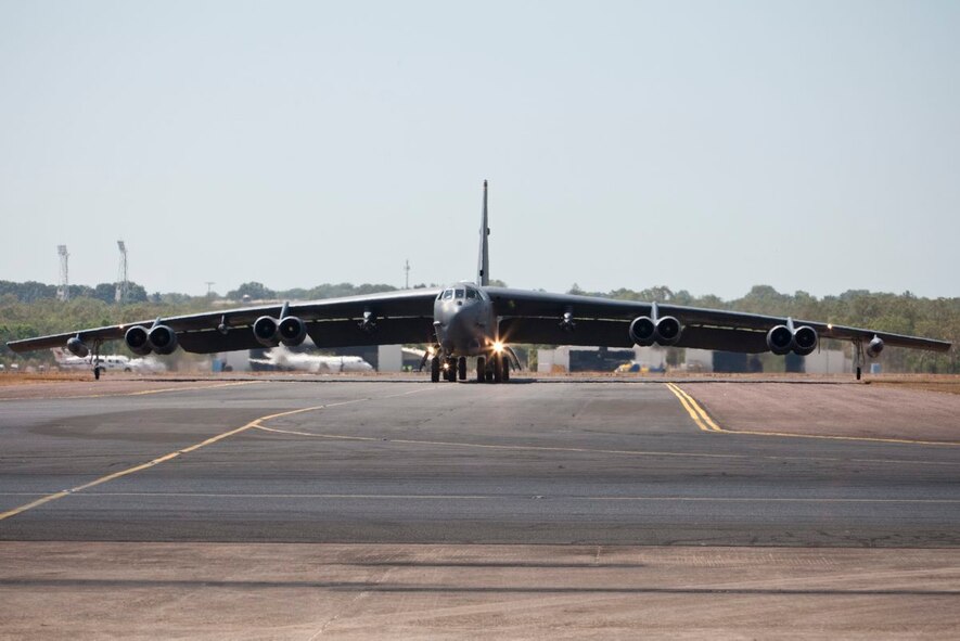 After completing its long journey from Andersen Air Force, Guam, a United States Air Force B-52 taxis after touching down at RAAF Base Darwin.  The Royal Australian Air Force is pleased to welcome a United States Air Force (USAF) B-52 and KC-135 from Andersen Air Force Base, Guam, to RAAF Base Darwin.  The USAF crew will conduct routine training in RAAF Base Darwin.  On departure from Darwin the B-52 will fly via Delamere Air Weapons Range to simulate ordnance drops with RAAF and practice aerial refueling operations.  This demonstrates Australia's commitment to increased cooperation with the United States.  Both nations share an intent for increased U.S. Air Force training with the RAAF, however decisions on future rotations including timings are still under discussion.  This is the first time a B-52 has landed at RAAF Darwin and since the United States and Australia announced enhanced aircraft co-operation as one of the two forces postures initiatives, in November 2011.  (Courtesy photo)