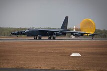 After completing its long journey from Andersen Air Force, Guam, a United States Air Force B-52 taxis after touching down at RAAF Base Darwin.  The Royal Australian Air Force is pleased to welcome a United States Air Force (USAF) B-52 and KC-135 from Andersen Air Force Base, Guam, to RAAF Base Darwin.  The USAF crew will conduct routine training in RAAF Base Darwin.  On departure from Darwin the B-52 will fly via Delamere Air Weapons Range to simulate ordnance drops with RAAF and practice aerial refueling operations.  This demonstrates Australia's commitment to increased cooperation with the United States.  Both nations share an intent for increased U.S. Air Force training with the RAAF, however decisions on future rotations including timings are still under discussion.  This is the first time a B-52 has landed at RAAF Darwin and since the United States and Australia announced enhanced aircraft cooperation as one of the two force postures initiatives, in November 2011.  (Courtesy photo)