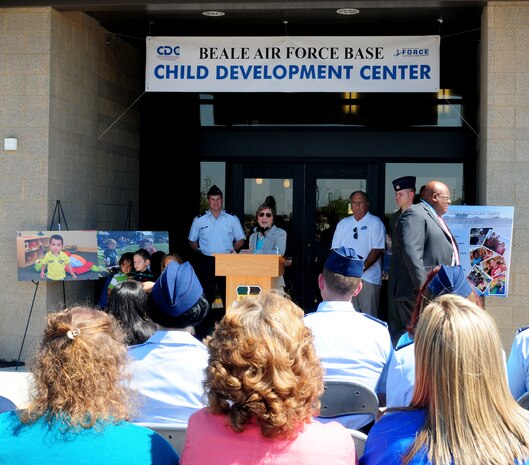 California Senator Barbra Boxer commends Team Beale members on the recently built Child Development Center at Beale Air Force Base Calif., August 20, 2012. The $15 million CDC, which opened March 26, can accommodate 280 children ranging from six weeks to five years of age. (U.S. Air Force photo by Senior Airman Allen Pollard/Released)