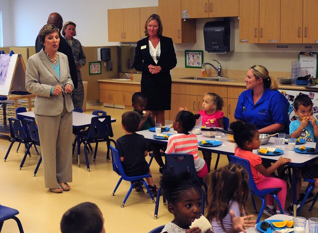 California Senator Barbra Boxer talks to the children at the Child Development Center Beale Air Force Base Calif., August 20, 2012. The facility includes five infant, six pre-toddler, six toddler and four preschool rooms helping it exceed the previous CDC's capacity by 105 children. (U.S. Air Force photo by Senior Airman Allen Pollard/Released)