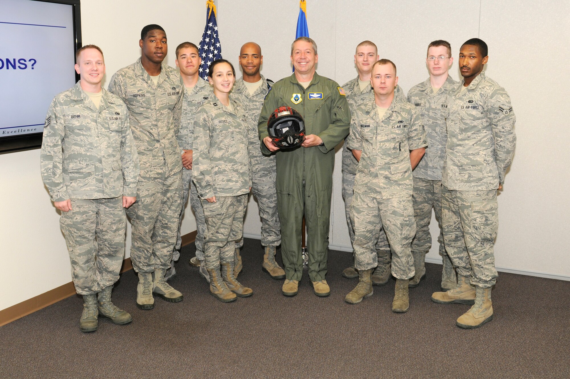 Maj. Gen. Greg Feest, Air Force Chief of Safety, stands with members of his Airman-to-Airman Safety Advisory Council at the Air Force Safety Center, Kirtland AFB, N.M., Aug. 23. The A2A advises the Air Force Chief of Safety on ways to reach the 17-26-year-old age group. Members share their personal safety experiences with fellow Airmen to help prevent mishaps. (U.S. Air Force photo/Keith Wright)