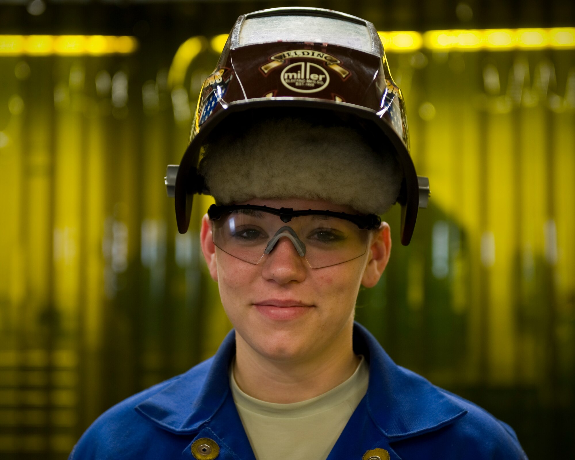 Airman 1st Class Brooke Goose poses for a photo Aug. 24, 2012, at Dyess Air Force Base, Texas. Goosen is the only female out of 28 Airmen in the 7th Equipment Maintenance Squadron Dyess metal shop and has more than seven years experience with welding. (U.S. Air Force photo/Airman 1st Class Jonathan Stefanko)