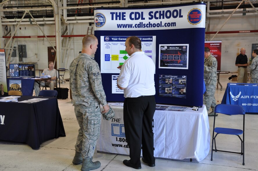 NIAGARA FALLS AIR RESERVE STATION, N.Y. - A job and resource open house was held here August 4, 2012.  Many base personnel, military and civilian, along with their families were able to look over dozens of informational tables and talk with local and national employers, educational institutions, and resource organizations.  (U.S. Air Force photo by Master Sgt. Kevin Nichols)