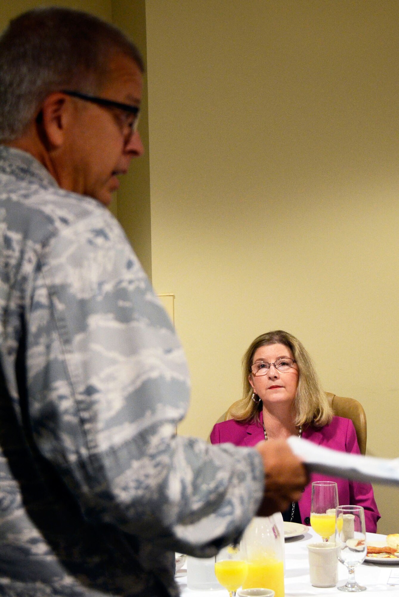 Col. Tim Tarchick, 94th Airlift Wing commander briefs congressional staff members on items of interest regarding Dobbins Air Reserve Base, Ga., at Congressional Staff Breakfast meeting held Aug. 23. (U.S. Air Force photo/Don Peek)