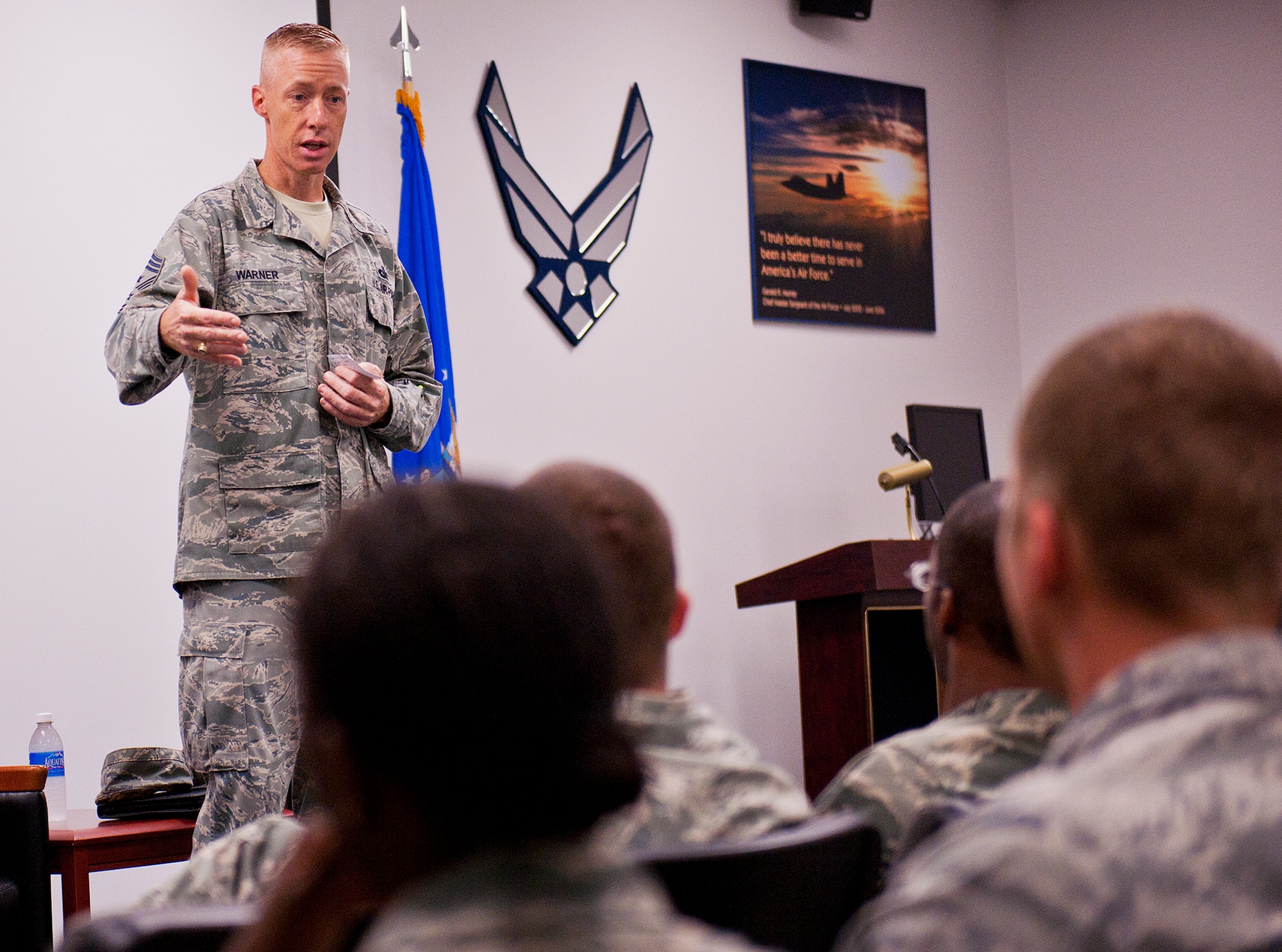 Chief Master Sgt. Michael Warner, the Air Force Materiel Command command chief, talks to Airmen attending Airman Leadership School at Eglin Air Force Base, Fla., Aug. 24.  The new chief spoke with Airmen in both ALS and the First Term Airmen’s Center during this two-day immersion tour of the base.  (U.S. Air Force photo/Samuel King Jr.)  