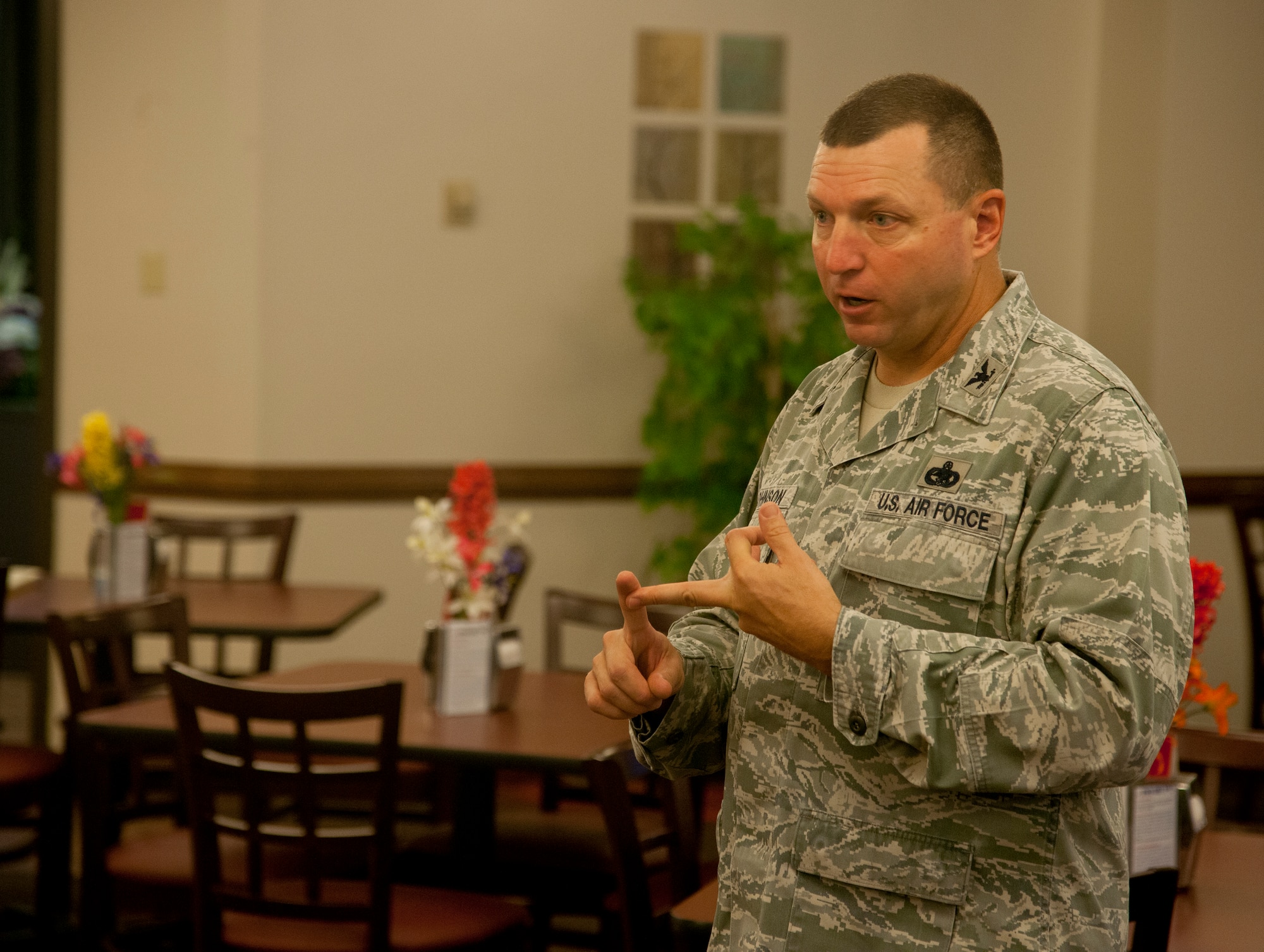 U.S. Air Force Col. Mark Johnson, Air Force Materiel Command A4 deputy, talks to 23d Logistics Readiness Squadron Senior NCOs at Moody Air Force Base Ga., Aug. 24, 2012.  Johnson spoke to the Senior NCOs about his 25 years as an Airman and gave tips on how to better themselves as leaders. (U.S. Air Force photo by Airman 1st Class Paul Francis/Released)
