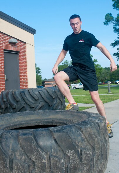 U.S. Air Force Airman 1st Class Adam Orton, 74th Aircraft Maintenance Unit aerospace propulsion journeyman, performs high-intensity step-ups during a workout at Moody Air Force Base, Ga., Aug. 9, 2012. After 30 hours of continuous racing, sleep deprivation, dehydration, bleeding feet and total exhaustion, Orton dropped out of the race. Typically, only 10 percent of the competitors finish the race. (U.S. Air Force photo by Airman 1st Class Jarrod Grammel/Released)
