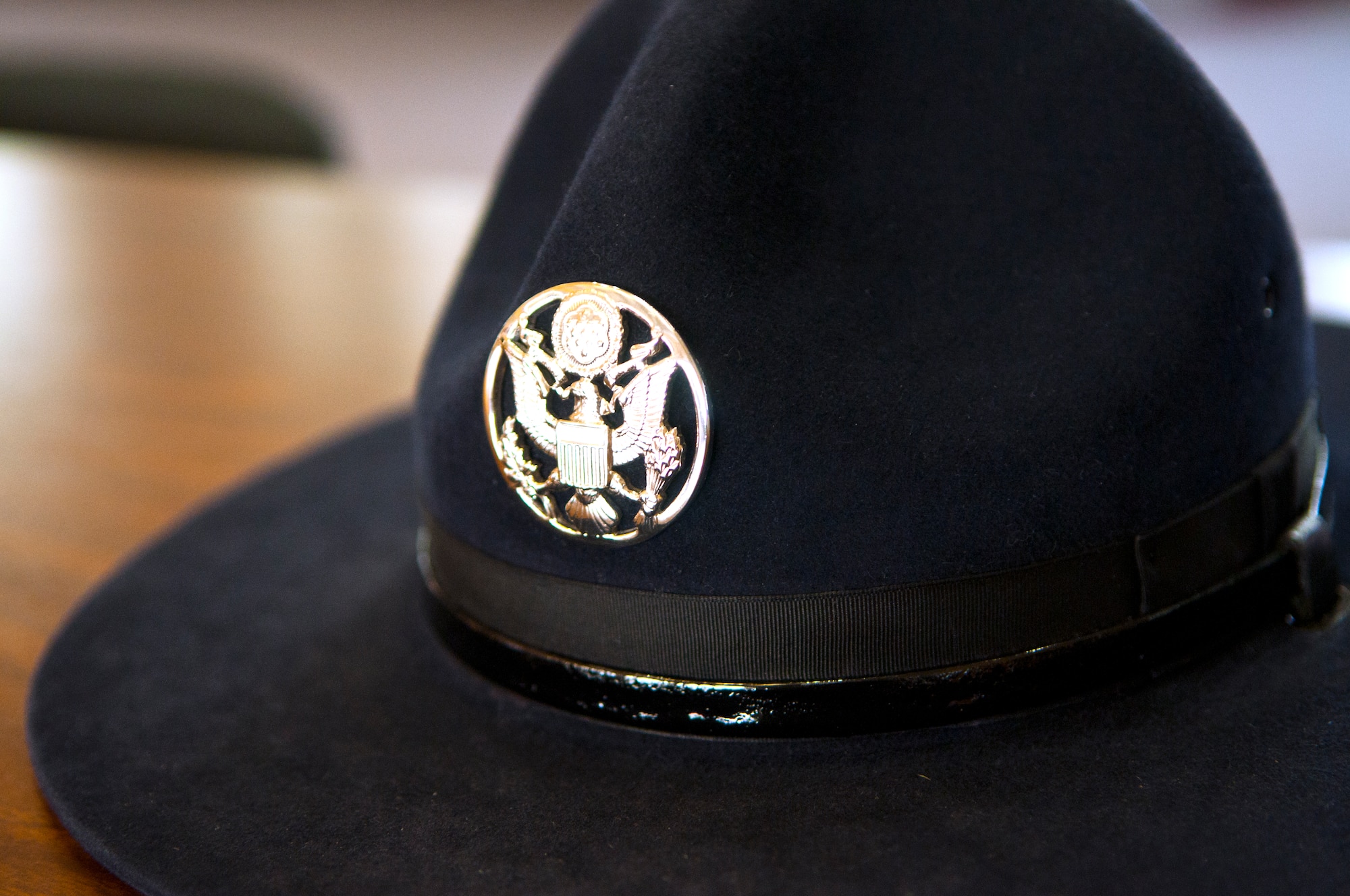 A military training instructor’s hat, which is the most easily recognizable part of a MTI’s uniform. (U.S. Air Force photo by Airman 1st Class Jason Wiese)