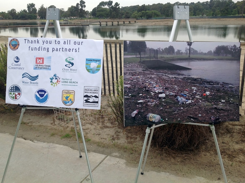 Posters at a ceremony for the Colorado Lagoon Ecosystem Restoration Project show the effects of uncontrolled runoff and litter on the water body and recognize the partners who contributed to the successful completion of the second phase of the project to return a healthy, vibrant natural resource to residents and visitors to the area. 