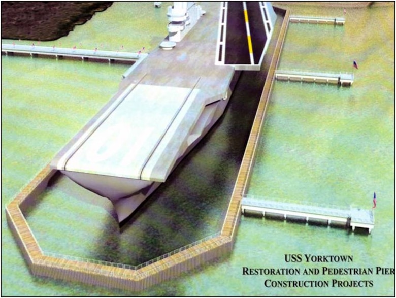 This rendering is of a cofferdam around the USS Yorktown that would allow for maintenance and repair to be done to the Civil War era vessel.