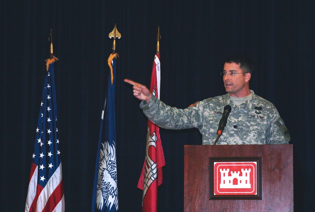 Lt. Col. Ed Chamberlayne addresses the public on the status of the Post 45 project at the public meeting.