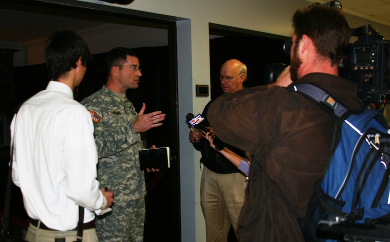 Lt. Col. Chamberlayne addresses the media in an interview at the Post 45 public meeting.