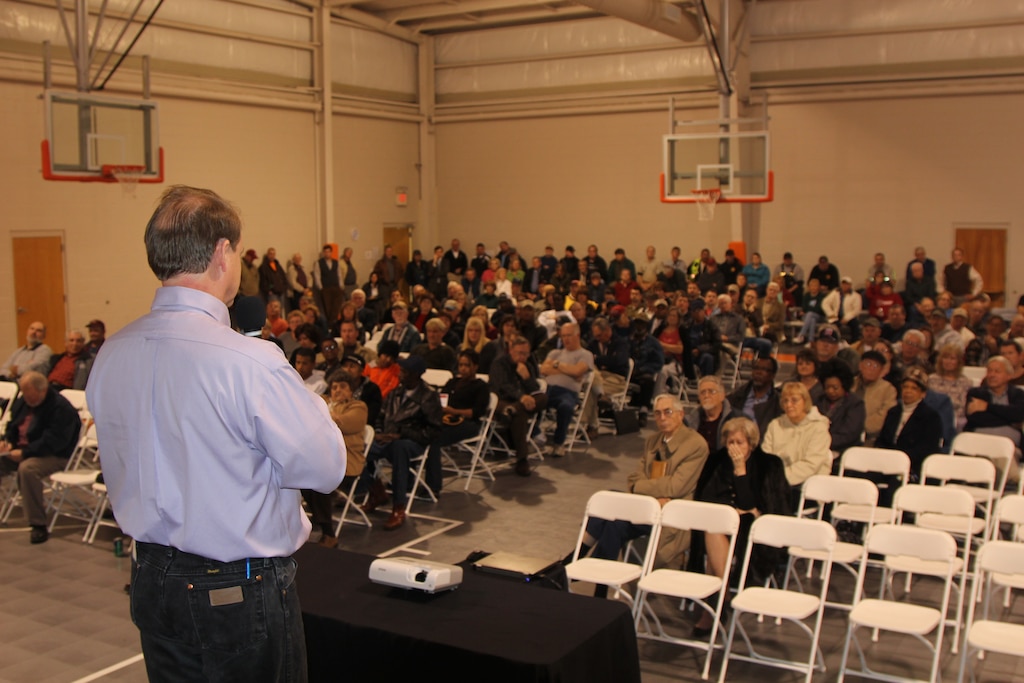 Dr. Richard Darden, project manager for the Haile Gold Mine project, addresses the state of the project at a public meeting.
